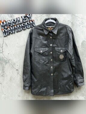 Harley-Davidson Womans Black Leather Snap-Front Shirt Jacket Size XL